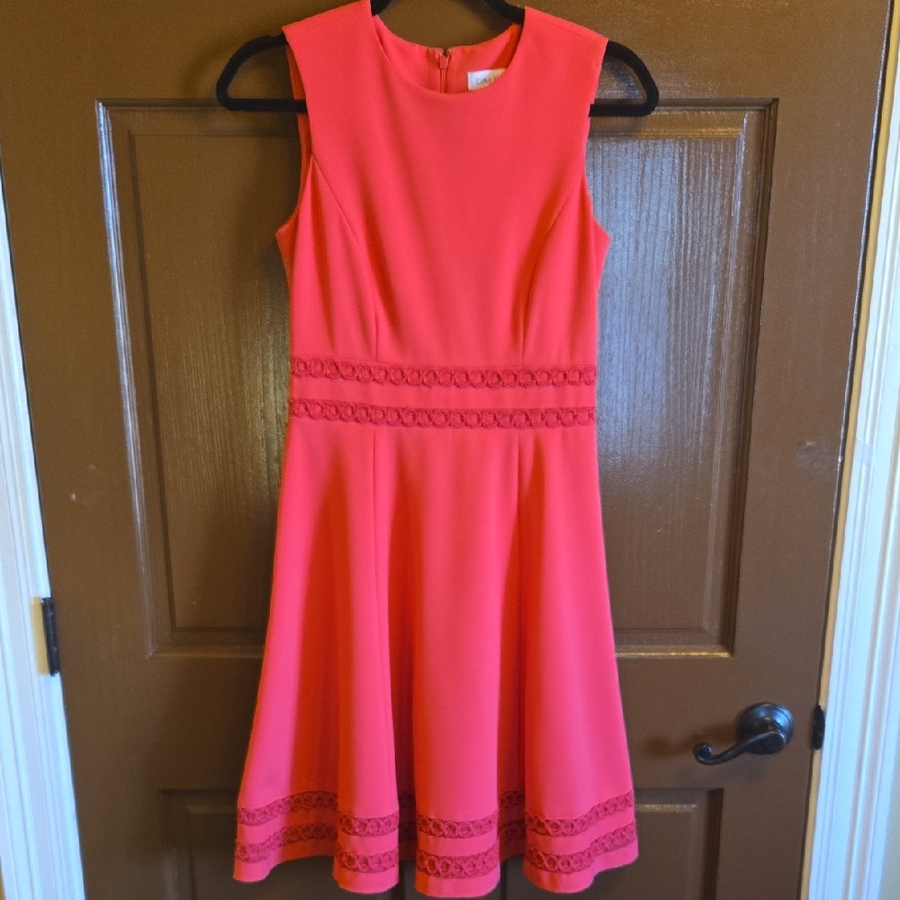 Calvin Klein-Coral crepe stretchy sleeveless A line dress with braids Sz 2.
